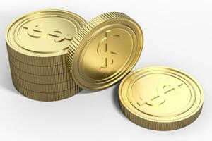 golden Währung Münzen mit Weiß Hintergrund, 3d Rendern foto