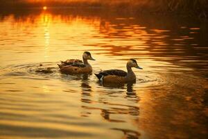 ein Schwan Schwimmen im ein See beim Sonnenuntergang. foto