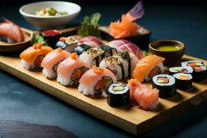 Essen Fotografie von ein lecker Auswahl von Sushi, einschließlich angebraten Seebarsch und ein Array von andere köstlich Optionen. foto