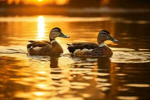 ein Schwan Schwimmen im ein See beim Sonnenuntergang. foto