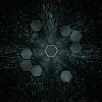 Hexagon Würfel mit dunkel Hintergrund, umgeben durch glühend Linien, 3d Wiedergabe. foto