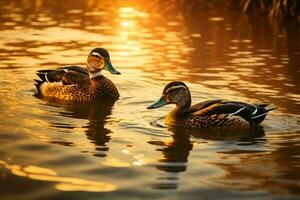 ein Schwan Schwimmen im ein See beim Sonnenuntergang. foto