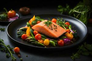 Lachs Gemüse Kräuter Teller Essen dunkel Hintergrund foto