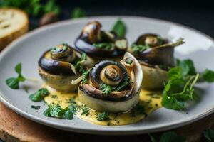 kulinarisch Fotografie von ein Teller von Schnecke, bereit von Wendel Pomatie, das essbar Schnecke. foto