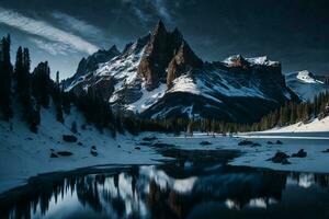 Landschaft Fotografie von ein majestätisch Berg Angebot reflektiert im ein still Teich, Erfassen das atemberaubend Schönheit von Natur. foto