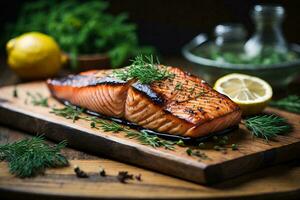 Lachs Gemüse Kräuter Teller Essen dunkel Hintergrund foto