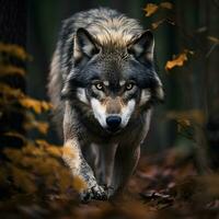 Porträt von ein Wolf im das Wald. Wolf im das Herbst Wald. Wolf Tier Illustration, Natur Erhaltung Vektor. generiert ai Illustration. foto