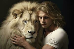 Mann umarmen ein Löwe. foto