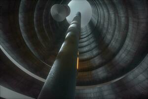 ein verlassen runden Tunnel Gebäude im Dunkelheit, mit Szene von Wissenschaft Fiktion, 3d Wiedergabe. foto