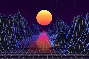 3d Hintergrund Illustration inspiriert durch 80er Jahre Szene Synthwave und Retrowelle. foto