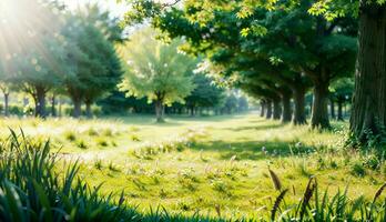 defokussiert Grün Bäume im ein heiter Wald mit wild Gras und Sonne Balken ai generiert foto