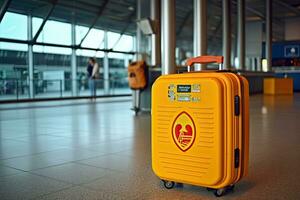 aed Notfall Defibrillator auf das Mauer im das International Flughafen zum bereit zu zur Verfügung stellen lebensrettend kardiopulmonal Reanimation. generativ ai foto