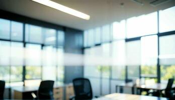 verschwommen Hintergrund von ein Licht modern Büro mit Panorama- Fenster und schön Beleuchtung ai generiert foto