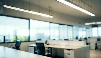 verschwommen Hintergrund von ein Licht modern Büro mit Panorama- Fenster und schön Beleuchtung ai generiert foto