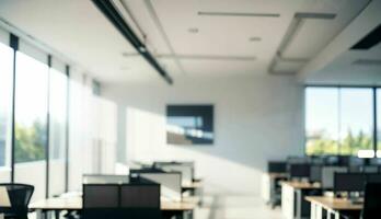 verschwommen Hintergrund von ein Licht modern Büro mit Panorama- Fenster und schön Beleuchtung ai generiert foto