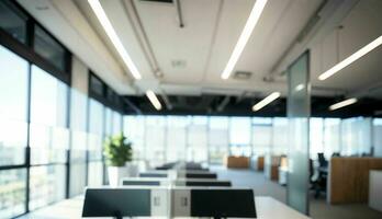 verschwommen Hintergrund von ein Licht modern Büro mit Panorama- Fenster und schön Beleuchtung ai generiert foto