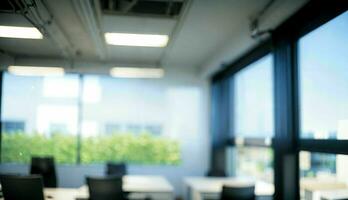 verschwommen Hintergrund von ein Licht modern Büro mit Panorama- Fenster und schön Beleuchtung ai generiert foto