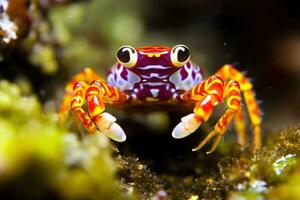 Harlekin Krabbe auf Riff unter Wasser Fotografie ai generativ foto