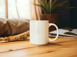 Produkt spotten oben Hintergrund mit ein leer Weiß Kaffee Becher foto