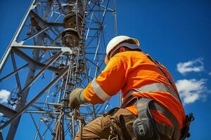 elektrisch Ingenieure fleißig Arbeit auf elektrisch Pylon Getriebe Türme, gewährleisten zuverlässig Leistung Verteilung ai generativ foto