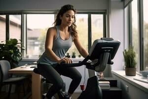 Frau auf stationär Übung Fahrrad, Aufrechterhaltung ein gesund Lebensstil und Verbesserung physisch Fitness ai generativ foto