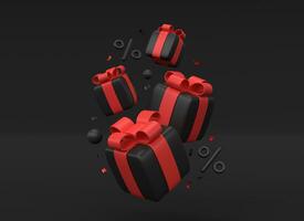 3d schwarz Geschenk Kisten mit rot Bögen im das fallen, Prozentsatz Symbol und Konfetti im ein minimalistisch realistisch style.banner zum Werbung Verkauf zum schwarz Freitag oder Neu Jahr.3d Wiedergabe. foto