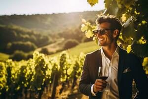 Mann mit Wein Glas Stehen im Weinberg während foto