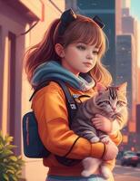 realistisch Vektor ein jung Mädchen mit Haustier Katzen durch ai generiert foto
