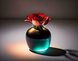 minimalistisch modern Bild von ein Single Rose im ein glatt Vase mit dramatisch Beleuchtung. foto