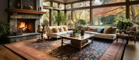 Bereich im das Leben Zimmer geschmückt mit ein persisch Teppich foto