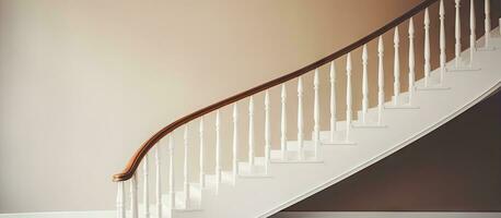 Weiß Treppe gehen beide oben und Nieder mit braun Handläufe foto