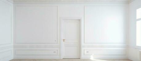 neu renoviert Wohnung Innere mit ein Weiß Tür Licht Wände und Decke und ein abgewinkelt Aussicht foto