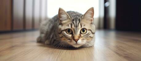 Katze Sitzung auf das Fußboden und suchen beim das Kamera im ein schön Zuhause Darstellen inländisch Tiere foto