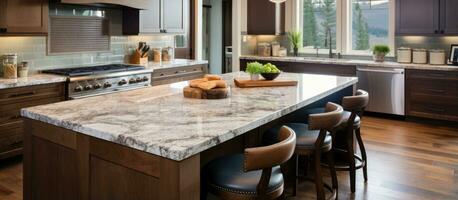 amerikanisch Küche Innere mit braun Schränke Granit Zähler oben Insel und Hartholz Fußboden foto