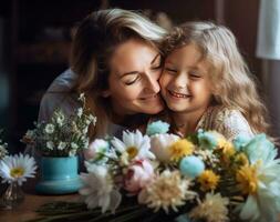 glücklich Mama und Tochter Teilen etwas Blumen auf Couch im das Haus foto