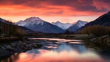 schön Landschaft mit hoch Fluss und rot Sonnenlicht im Sonnenaufgang. erstellt mit generativ ai foto