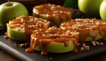 frisch gebacken Apfel Kuchen, ein Süss Genuss mit Karamell Nieselregen generiert durch ai foto