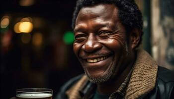 afrikanisch Mann lächelnd, suchen beim Kamera, genießen Kaffee im Stadt generiert durch ai foto