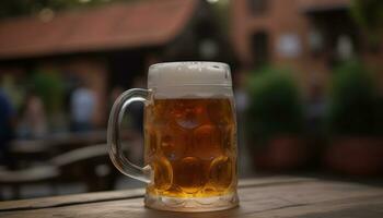 ein erfrischend Pint von Bier, genossen draußen im ein Bier Garten generiert durch ai foto