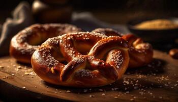 frisch gebacken Brezeln auf ein rustikal hölzern Tisch, ein Gourmet Snack generiert durch ai foto