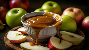 frisch Apfel Scheibe auf hölzern Tisch, ein gesund Herbst Snack generiert durch ai foto