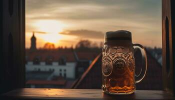 Sonnenuntergang Über ein hölzern Tisch, Bier Becher, und bayerisch Feier generiert durch ai foto