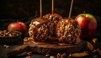 ein Teller von hausgemacht Schokolade eingetaucht Karamell Apfel Fudge Dessert generiert durch ai foto