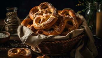 frisch gebacken Brezeln auf ein rustikal hölzern Tisch, ein Gourmet Snack generiert durch ai foto