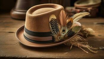 gefiedert Stroh Hut fügt hinzu Eleganz zu Cowboy alt gestaltet Mode generiert durch ai foto