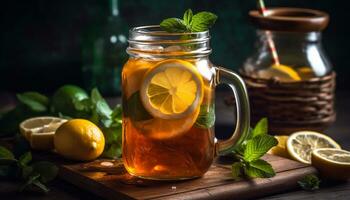 frisch Limonade auf ein hölzern Tisch, ein erfrischend Sommer- trinken generiert durch ai foto