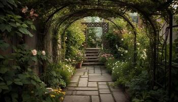 still Szene von ein formal Garten mit Grün Bäume und Blumen generiert durch ai foto