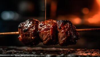 gegrillt Fleisch auf Spieß, gekocht Über Feuer, perfekt Sommer- Picknick generiert durch ai foto