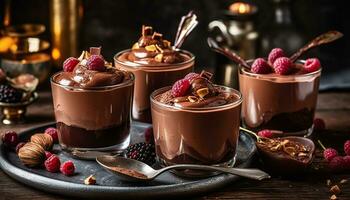 Gourmet Dessert dunkel Schokolade Mousse mit Himbeere und ausgepeitscht Sahne generiert durch ai foto