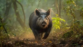 süß Ferkel Weiden lassen auf Grün Gras im tropisch Regenwald generiert durch ai foto